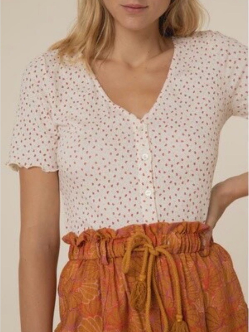 FRNCH White Short-Sleeve Button V-Neck Top with Red Floral Print